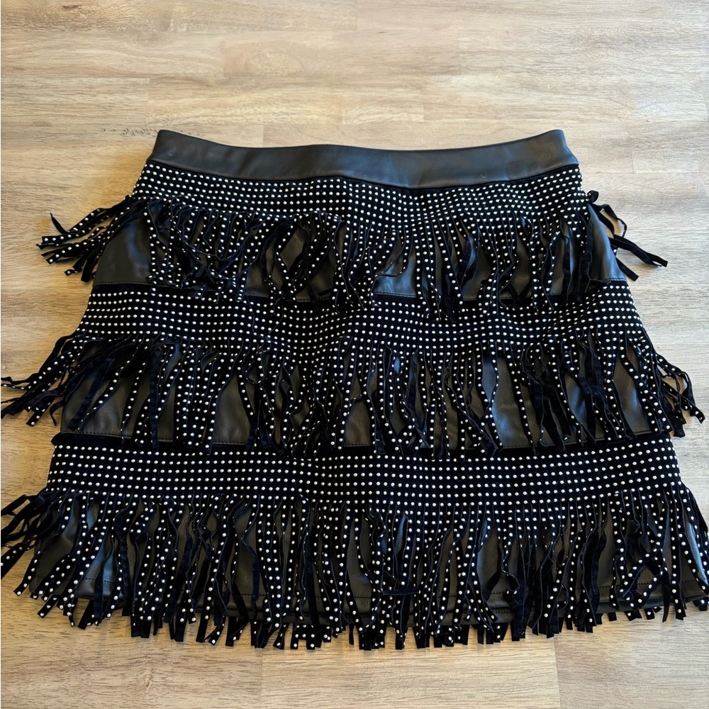 Black pleather fringe skirt